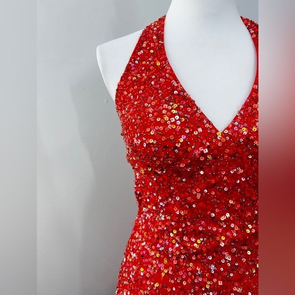 Cache Coral Sequin Sparkle Halter Backless Gown S… - image 3